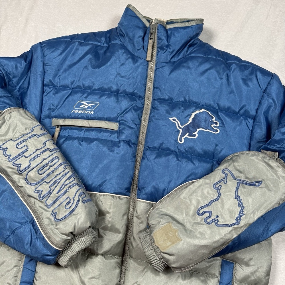 Vtg Y2K Detroit Lions Reebok Puffer Coat Jacket Mens Medium 90s Embroidered NFL